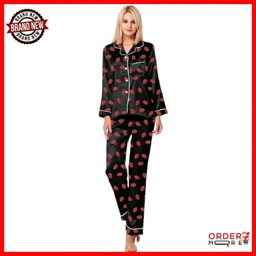 Silk Satin Pajama Set Long Sleeve Button Down Sleepwear Lounge XS-3XL